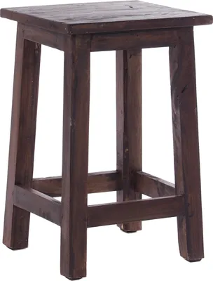 A dark brown wooden stool on a white background.