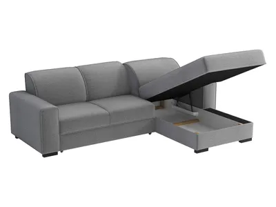 A gray sectional sofa with one section open to reveal storage space.