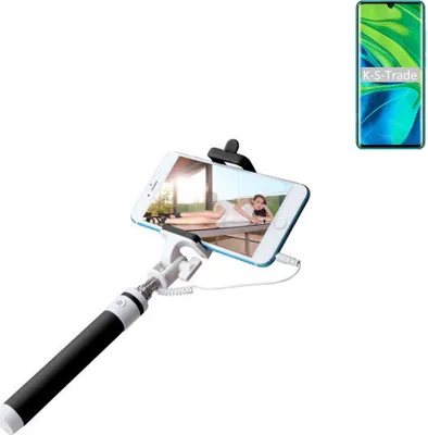 Produktbild von K-S-Trade Selfie Stick kompatibel mit Xiaomi Mi Note 10 Selfiestick kabelgebunden Monopod mit Kabel Stab Stange Selfportrait Handheldstick schwarz 1x