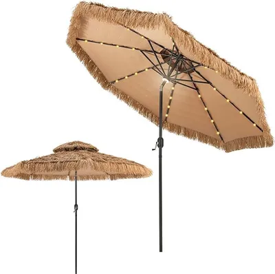 Produktbild von KOMFOTTEU Sonnenschirm Hawaii mit Lichtern, Strohschirm neigbar, Bastschirm mit Sonnenschutz & 8 Streben, Strandschirm mit Doppeldach, Marktschirm