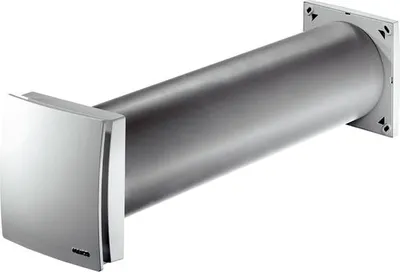 A sleek, modern ventilation duct with a square cover on one end and a mounting plate on the other, shown against a plain white background.