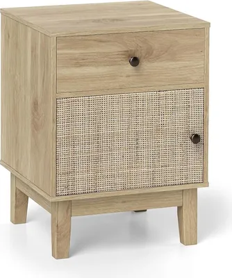 Produktbild von Nachttisch aus Holz, Beistelltisch mit Schublade & Stauraum-Schrank, stabile Aufbewahrungsschrank mit Kiefernholzbeine, Rattantüren, Natur