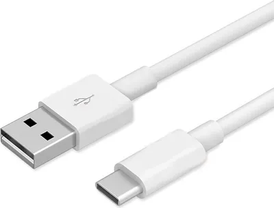 A white USB-C cable with a USB-A connector on one end and a USB-C connector on the other, shown against a white background.