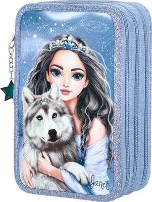 Produktbild von Depesche 13149 TOPModel Wolf 3-komorový penál v tmavomodrej farbe, s motívom modelu, hviezdičkami a trblietkami, penál s farebnými ceruzkami, pravítkom, nožnicami UVM, modrý