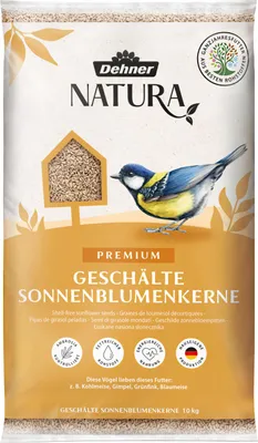 Produktbild von Dehner Natura Premium Wildvogelfutter, Sonnenblumenkerne schalenfrei, Ganzjahresfutter proteinreich / energiereich, hochwertiges Vogelfutter für Wildvögel, 10 kg