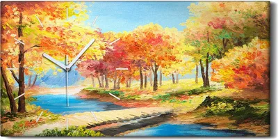 Produktbild von Küchenuhr Bürouhr Leinwand Uhr 60x30 Ölgemälde Wald Bäume Brücke Wasser Kunst - weiße Hände