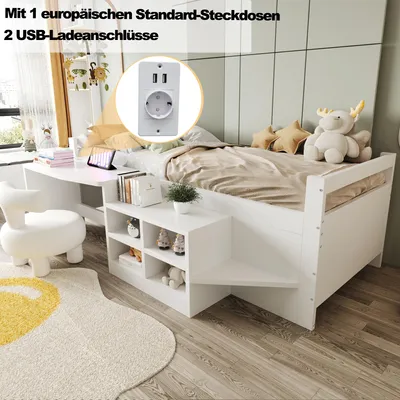 Obrázok produktu pre Detská postel 90 x 200 cm z dreva s písacím stolíkom/USB – Drevená posteľ so zásuvkami, zásuvkou a prednou odkladacou plochou, jednolôžková posteľ v bielej farbe
