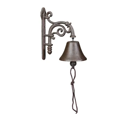 Produktbild von Relaxdays Türglocke Gusseisen, antikes Design, Gartenglocke Vintage, mit Kordel, Glocke für draußen, Wandglocke, braun