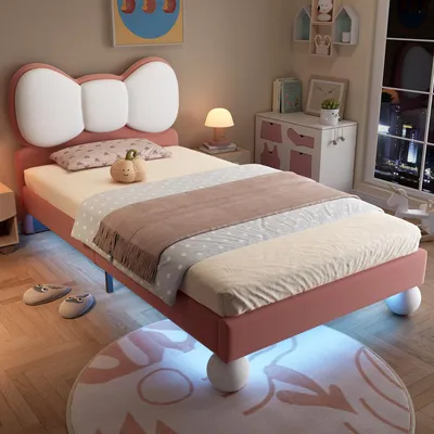 Immagine prodotto di Letto imbottito 90x200 cm, letto per bambini con testiera a forma di farfalla, striscia LED con illuminazione regolabile, rivestimento in velluto e rete a doghe, color beige-rosa