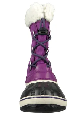 A front view of a purple and black Sorel Youth Pac Nylon WP boot against a white background.