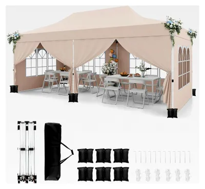 Produktbild von Gartenpavillon, Faltpavillon, Partyzelt mit 6 abnehmbaren Seitenwänden und Sandsäcken, UV-Schutz 50+, wasserabweisend, winterfest, stabil (Beige)