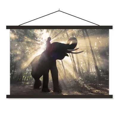 Produktbild von MuchoWow® Textilposter Elefant mit Person in hellem Sonnenlicht 60x40 cm mit schwarzem Rahmen - Hölzernes