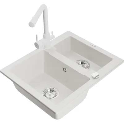 Zdjęcie produktu dla Mexen Carlos zlewozmywak granitowy 1,5-komorowy z baterią kuchenną Duero, biały - 6518-20-671600-20