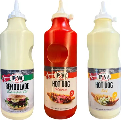 Produktbild von P&W Dänisches Hot Dog Saucen Trio Remoulade Ketchup Senf 3 Flaschen à 900g