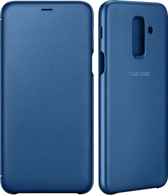 A blue Samsung flip cover for a smartphone is shown from two angles.