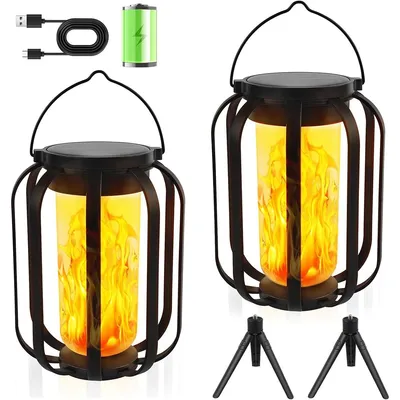 Produktbild von 2er-Set Solar-Flammen Gartenleuchten mit realistischem Flammeneffekt für Hof, Garten und Balkon, kabellose Laternen für Weg, Zaun, Hochzeit, Camping
