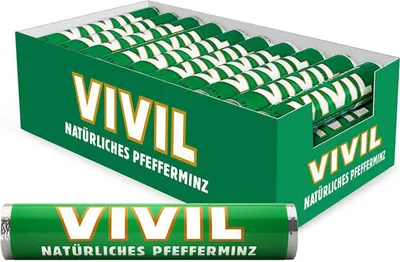 A display box of VIVIL Natural Peppermint lozenges with one lozenge in the foreground.