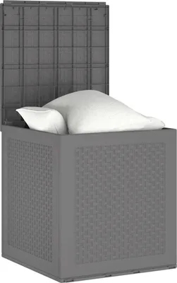 A grey storage box with its lid open, revealing two white pillows inside.