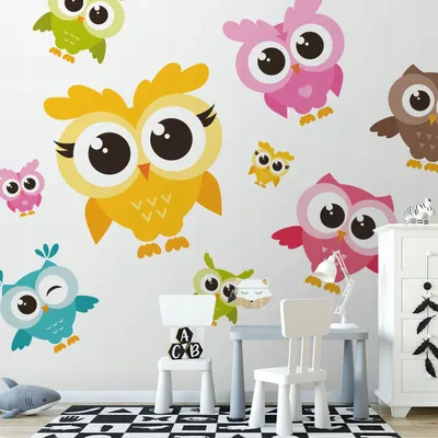Image de Autocollant pour enfants Chouettes colorées 75 x 150 cm