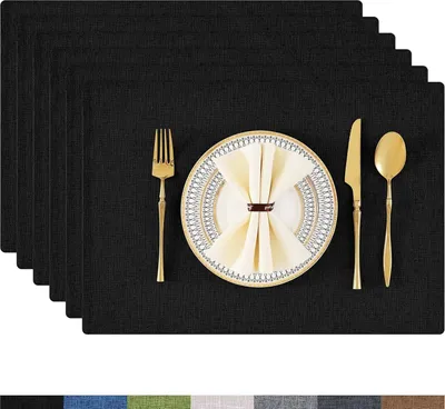 Produktbild von Tischsets Abwaschbar 6er Set, Platzsets Abwischbar Leinen Hitzebeständig Platzdeckchen rutschfest Doppelseitigen Tischuntersetzer Tischsets Stoff, Schwarz