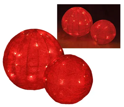 Two red LED sisal balls, one larger than the other, are displayed against a white background. A smaller inset image shows the two balls on a darker, reflective surface.