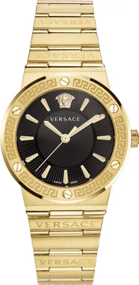 A close-up studio shot of a gold Versace watch with a black face.