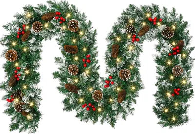 Produktbild von Künstliche Weihnachtsgirlande mit 50 LED-Lichtern, batteriebetrieben, beleuchtet, mit Tannenzapfen und roten Beeren, für Kaminsims, Treppenhaus, Türrahmen, Innen- und Außendekoration