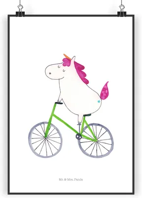 Produktbild von Mr. & Mrs. Panda Bild Einhorn Radfahrer DIN A5 - Weiß - Geschenk, Unicorn, wanddeko, Einhörner, Wandbild, kunstdruck poster, Bike, Konfetti, Plakat, drucke