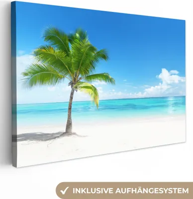 Produktbild von MuchoWow® - Leinwandbilder - Palme - Strand - Meer - Sommer, Wandbild, Wanddeko Bilder Wohnzimmer, 120x80cm