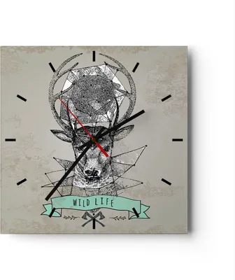 Produktbild von Wanduhr - Quadrat - Glasuhr - Hirsch Geweih Wald - 40x40cm - Schleichendes Uhrwerk - Lautlos - zum Aufhängen bereit - Dekoration Modern - Wanddekoration aus Glas - C3AC40x40-3072