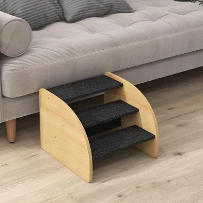 Produktbild von Haustiertreppe 3 Stufen Spanplatte, Hundetreppe Einstiegshilfe rutschfest, Polyester-Teppich, Eiche/Schwarz | 38,5 x 38,5 x 30 cm | bis 10 kg