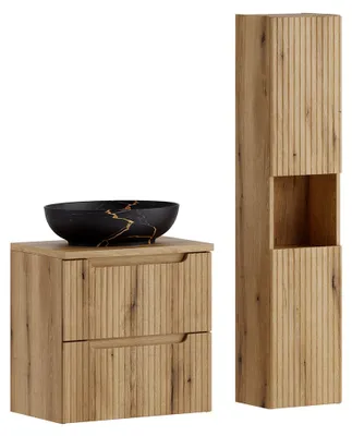 Produktbild von Badmöbel-Set 2-teilig mit 60 cm Waschtisch in Eiche mit gerillter Front - NEWPORT-56-EVOKE