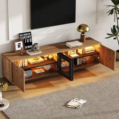 Zdjęcie produktu dla Szafka pod TV Merax z oświetleniem LED i 2 szafkami, szafka pod TV z 3 półkami i szklanym frontem, nowoczesna szafka pod TV 75 cali, naturalne drewno + czarny