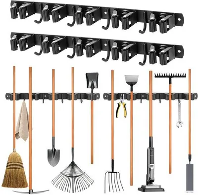 Productafbeelding van Unyqoos® Wandgemonteerde gereedschapshouder, set van 2, gemaakt van roestvrij staal – 10 houders en 8 haken, ruimtebesparend voor garage, keuken en schuur