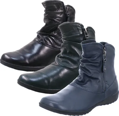 Three pairs of women's ankle boots in different colors.