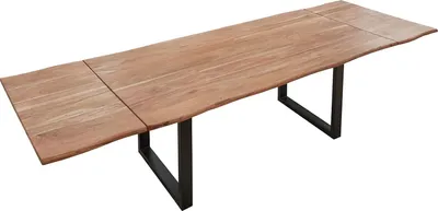 Produktbild von Baumkantentisch 120 (200) x 90 cm Norina, Akazienholz massiv & stonefarben lackiert, Esszimmertisch inkl. 2 Ansteckplatten, echte Baumkante, Esstisch mit U-Metallgestell in Schwarz