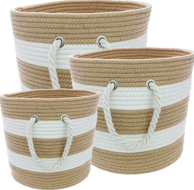 Produktbild von Livinja KORFU Körbe Baumwolle weiß-natur 3er Set S d= 28 cm, M d= 30 cm + L d= 32 cm
