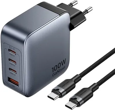 Image de Chargeur Vention 3x USB-C, 1x USB-A, (100 W/100 W/30 W/30 W) (gris) avec câble USB-C vers USB-C (1 m) (noir)