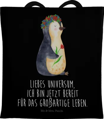 Produktbild von Mr. & Mrs. Panda Shopping Tasche Pinguin Blumen - Schwarz - Geschenk, Universum, Positiv, Jutebeutel, totebag, Motivation, Tote Bag, Laptoptasche, Ziele, Schultasche
