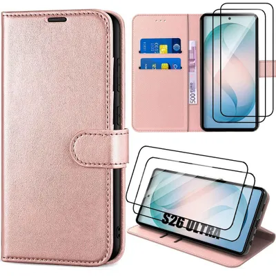 Image de Coque + 2 Verres Trempés pour Samsung Galaxy S26 Ultra, Protection Anti-Rayures Antichoc Effet Cuir Rose