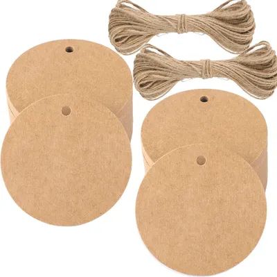 Produktbild von 100 Stk. Braun Geschenkanhänger, Rund Anhänger Etiketten, 5 CM kraftpapier Etiketten Tags mit Jute-Schnur, Blanko Papieranhänger für Art & Craft Projekt