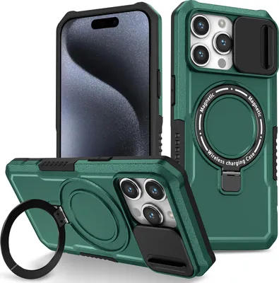 Produktbild von Handyhülle für iPhone 15 Pro Max Kompatibel mit MagSafe, Robuste Hülle mit Schiebe Kamera Schutz, Magnetischer Ringständer Dunkelgrün