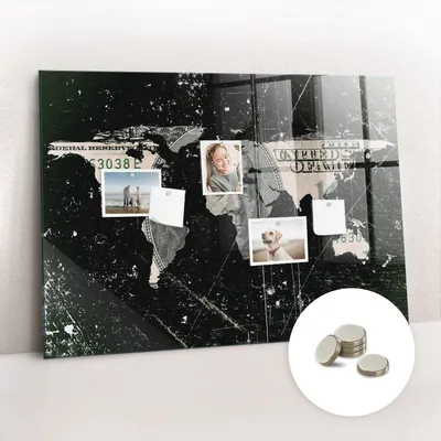 Obrázek produktu pro Magnetická Tabule na Zeď Skleněná - Memo Board Kleněnou Přední Stranou - 5 magnetů v balení - 100x70 cm - Dolar na mapě světa