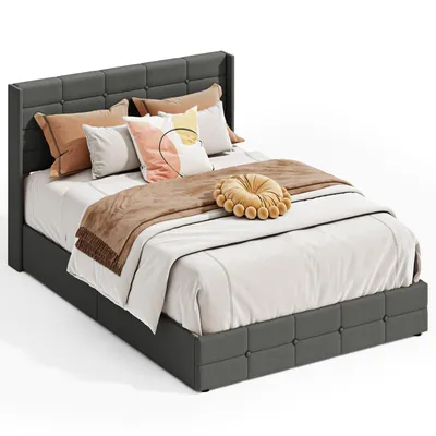 Produktbild von BEALIFE Polsterbett 140x200 cm mit Lattenrost & Hydraulikbett | Doppelbett mit Stauraum & Kopfteil in Leinenoptik | Grau/Beige | 14BF84