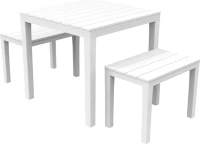 Produktbild von Outdoor-Lounge-Set Dkabash, Gartenset mit 1 quadratischem Tisch und 2 Bänken, Picknickset für drinnen und draußen, 100 %  Italy, Weiß