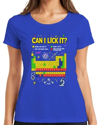 Immagine prodotto di Maglietta da donna, blu, taglia M, con scritta "Can I Lick It Science Chemistry Periodic Table Statement" (che può essere interpretata come "Posso leccarla? Scienza, chimica, tavola periodica")