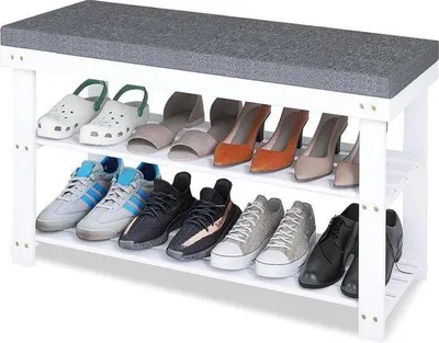 Image de Rangement à chaussures en bambou avec compartiment rembourré - 3 niveaux - 87 x 30 x 49 cm Blanc Gris