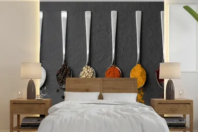 Produktbild von MuchoWow® Fototapete für Wohnzimmer oder Schlafzimmer Wandtapete Vinyl Motivtapete Gewürze - Löffel - Tisch - Rustikal - Gewürze - 280x280 cm - Hintergrundbild