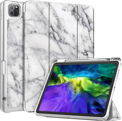 Produktbild von Fintie Hülle für iPad Pro 11 Zoll (2. und 1. Generation, Modell 2020/2018) mit Stifthalter, Soft TPU Rückseite Abdeckung Schutzhülle Intelligent Cover mit Auto Sleep/Wake, Marmor Weiß