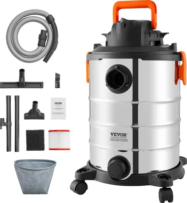 A wet/dry vacuum cleaner and its accessories are displayed against a white background.